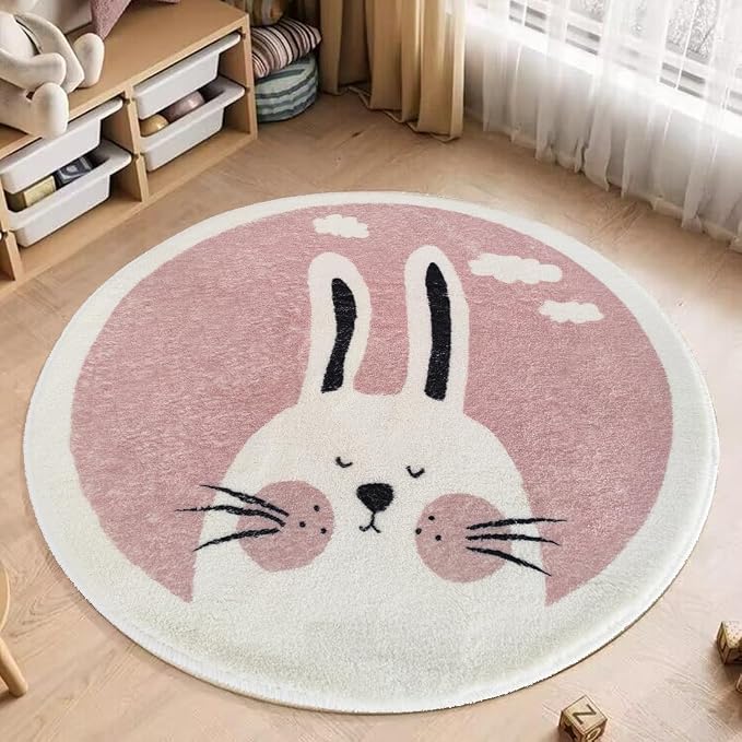Poowe Pink Rabbit Soft Plush Round Rug - Image 5