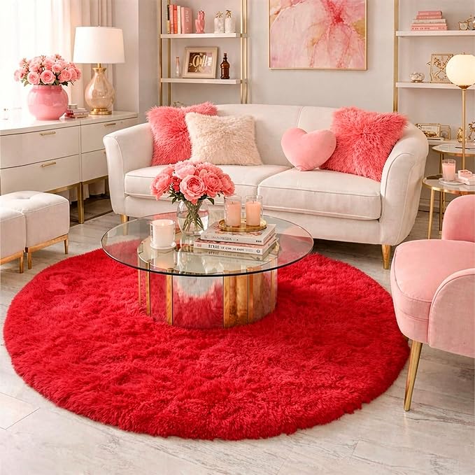 Red Round Rug 4Ft for Bedroom, Fluffy Shag Circle Area Rugs for Kids Room Decor - Image 3