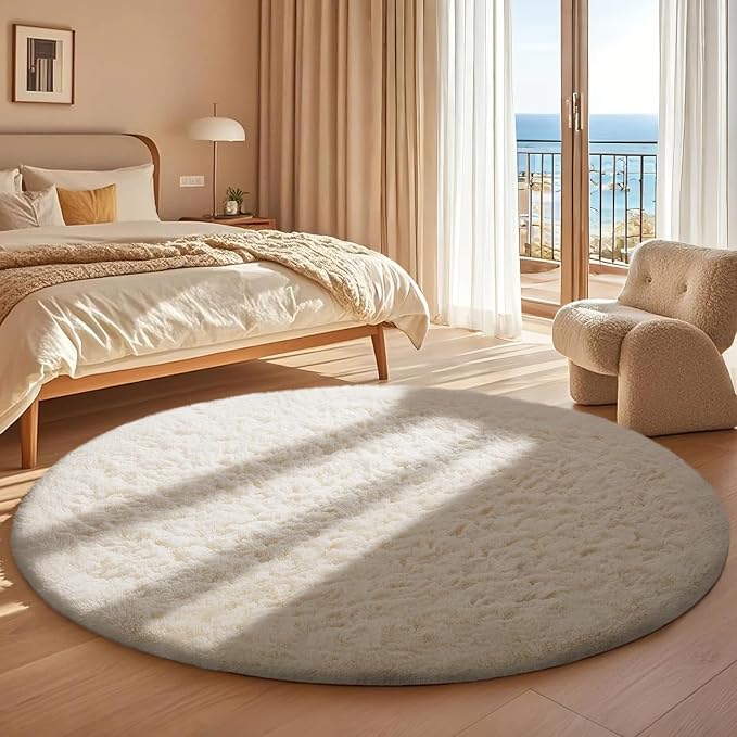 Ophanie Round Washable Rugs 5Ft Ivory Circle Area Rug, Baby Nursery Living Room - Image 3