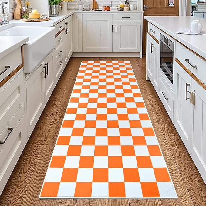 Terrug Orange and White Checkered Area Rug by TerrugHomeDecor