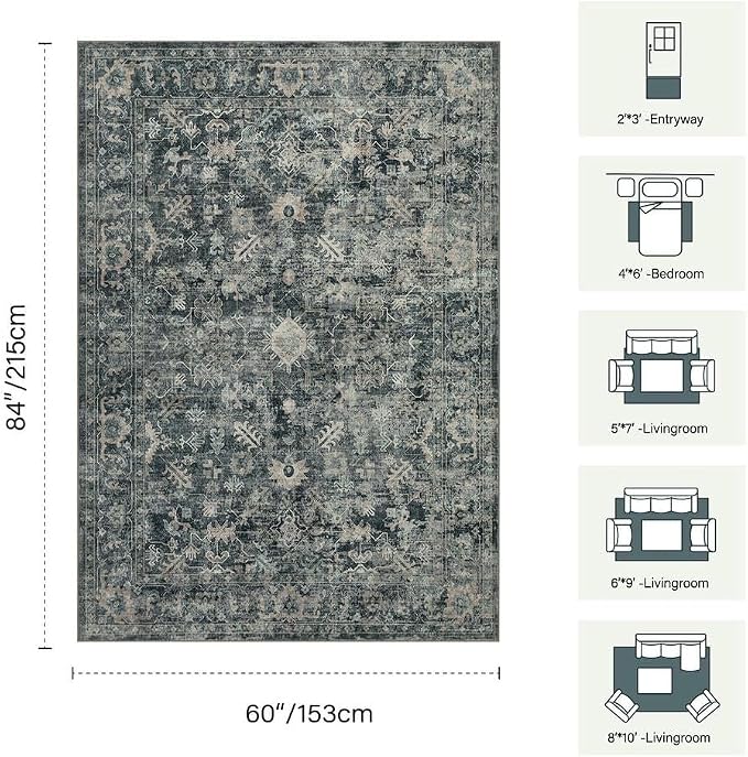 Rugxara 5x7 Area Rugs for Living Room Bedroom, Vintage Retro Boho Rug, Non Slip - Image 2
