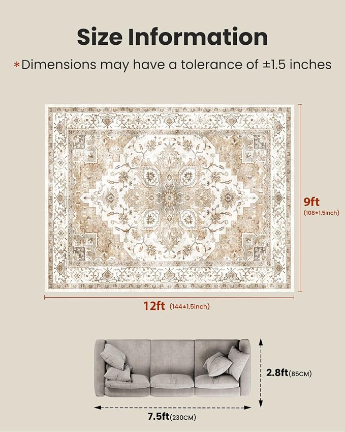 AMADA HOMEFURNISHING 9x12 Area Rugs, Low-Profile Large Washable Area Rug - Image 2