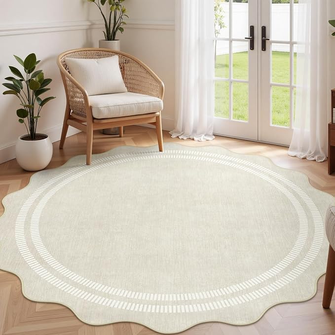 Round Area Rugs 6ft for Bedroom, Ivory Washable Circle Rug Soft Non Slip Floor by LORWER