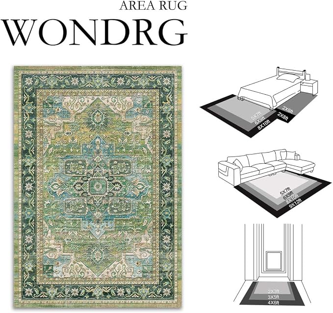 9x12 Washable Vintage Area Rug Green Oriental Living Room Bedroom Throw Rug - Image 2