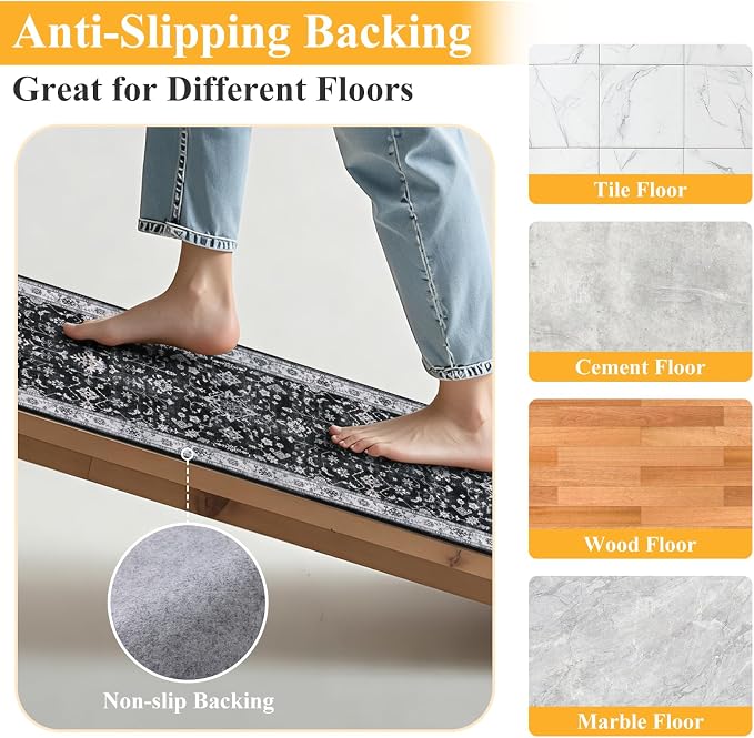 HEBE Washable Hallway Runner Rug 2'x 8' Non Slip Kitchen Rugs Runner, Low Pile - Image 3