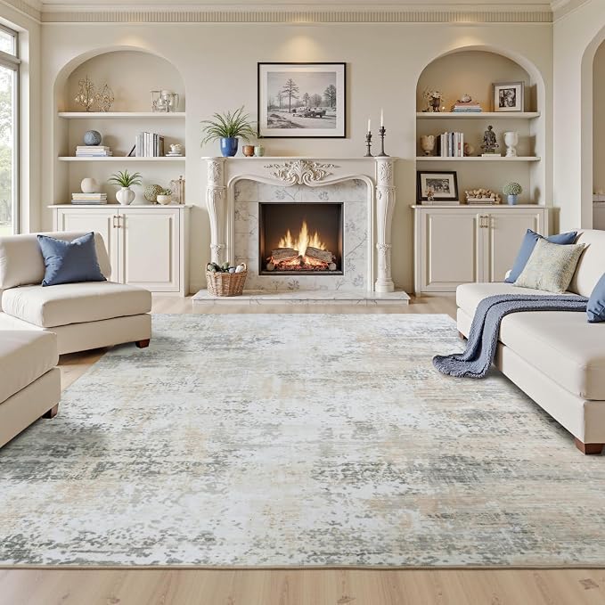 8x10 Rugs for Living Room, Neutral Large Abstract Area Rug, Non-Slip Machine by Carpelux