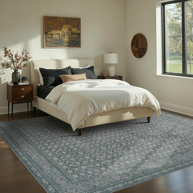 Area Rugs 5x7, Washable Rugs for Living Room, Vintage Boho Light Blue Rug for - Image 5