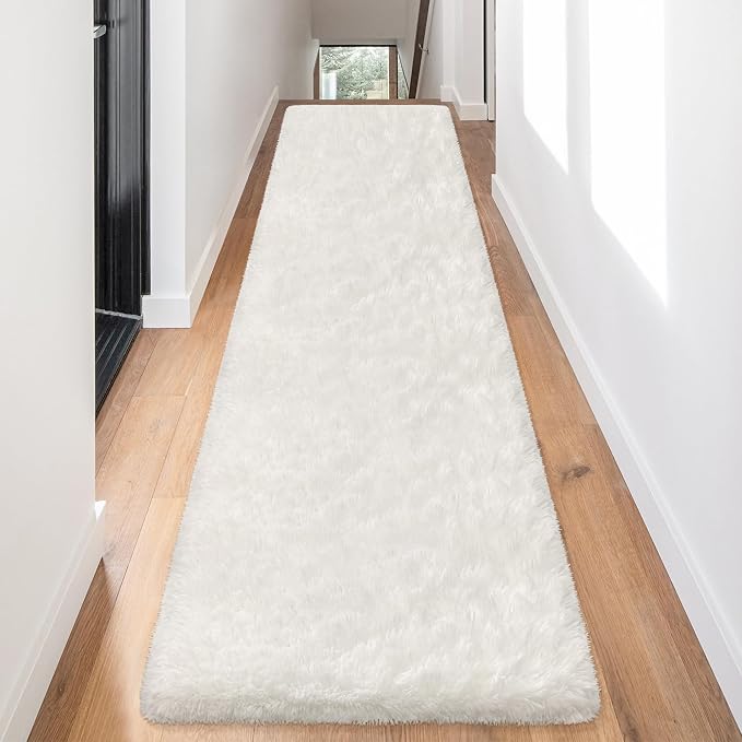 White Fluffy Runner Rugs for Bedroom Living Room Soft Shag Rug 2x8 Feet Plush by TENNOLA