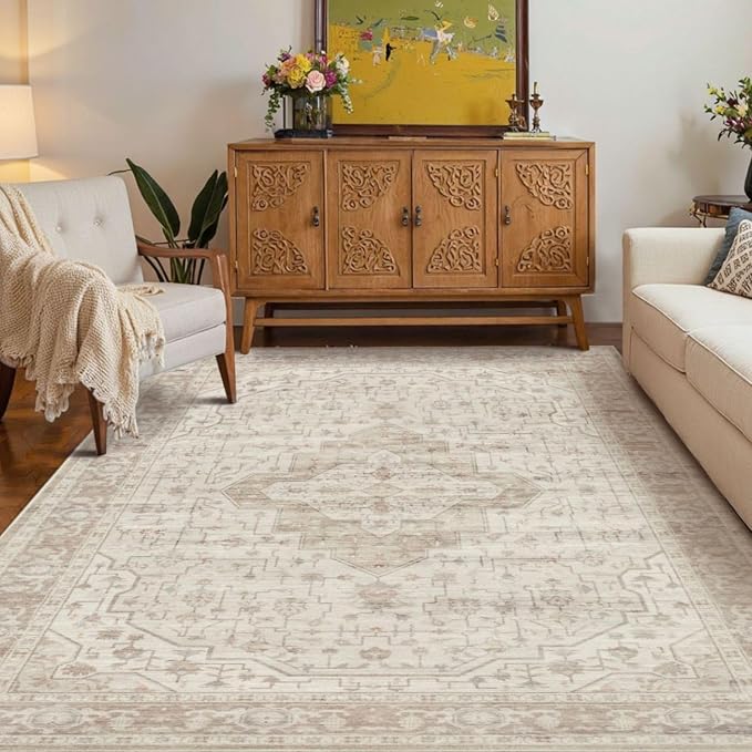 Rugxara Washable Area Rug for Living Room, Vintage Neutral Boho Rugs for Office - Image 3