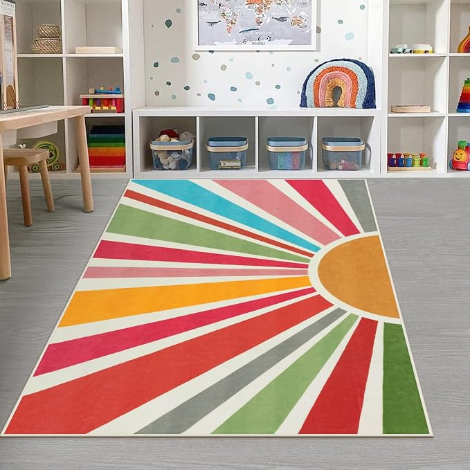 STARUIA Kids Rug 5'x7', Boho Washable Rainbow Nursery Rug, Non-Slip Soft Carpet - Image 3