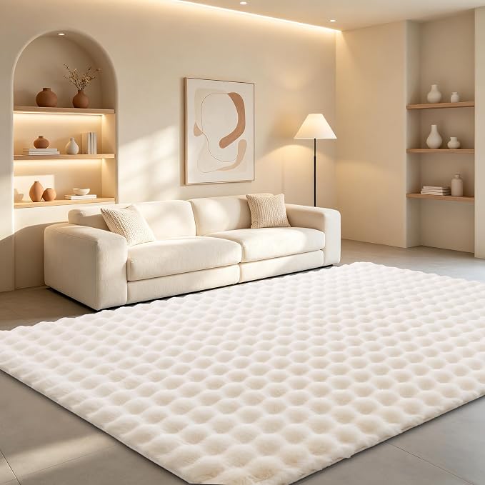 Creamy White Rabbit Plush Rug 4'x6', Fluffy Shaggy Area Rug by CHOVY