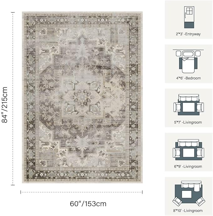Rugxara 5X7 Washable Area Rug for Living Room, Vintage Large Boho Rugs for - Image 2