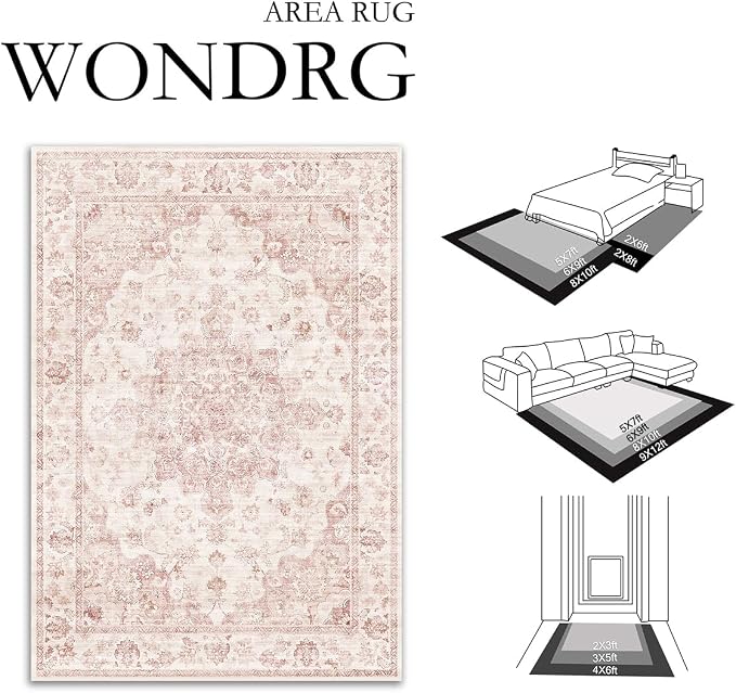 2x3 Washable Neutral Area Rug Pink Vintage Entryway Kitchen Carpet Non-Slip - Image 2