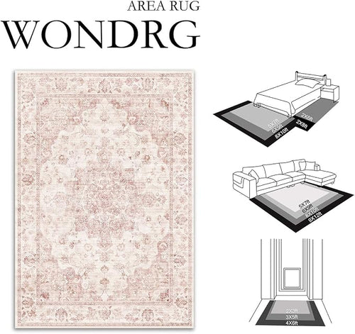 2x5 Washable Neutral Runner Rug Pink Vintage Hallway Kitchen Carpet Non-Slip - Image 2