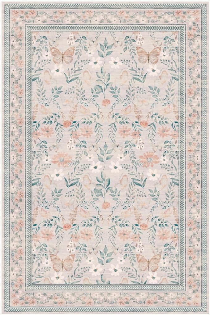 Rugxara Pink Floral 5x7 Washable Area Rug, Vintage Boho Non Slip, Low Pile Rugs - Image 10