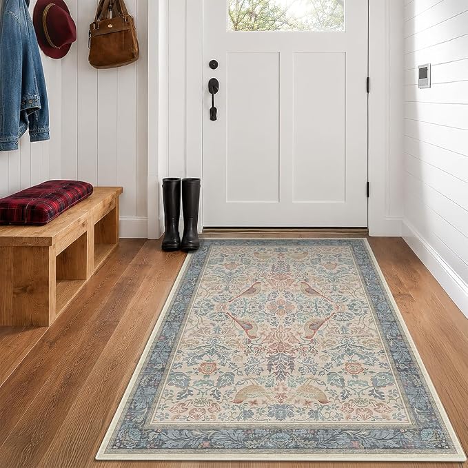 Boho Natural Red Blue 3x5 Entryway Rug, Washable Mudroom Area Rug, Modern - Image 3