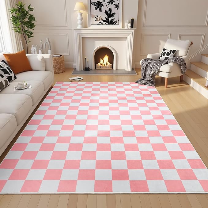 Terrug Pink and White Checkered Rug - Image 2