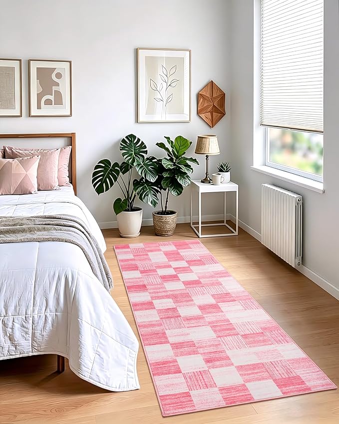 Terrug Pink Runner Rugs for Kitchen, 2x6 Checkered Area Rug Washable - Image 3