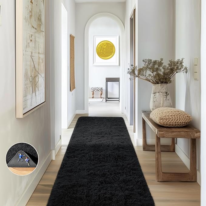 Ophanie Runner Rug for Hallway, 2x6 Bedroom Black Runner Rugs, Non Slip Fluffy by Ophanie