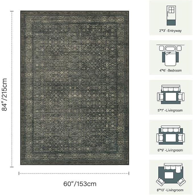 Vintage Area Rugs 5x7, Washable Rugs - Image 2