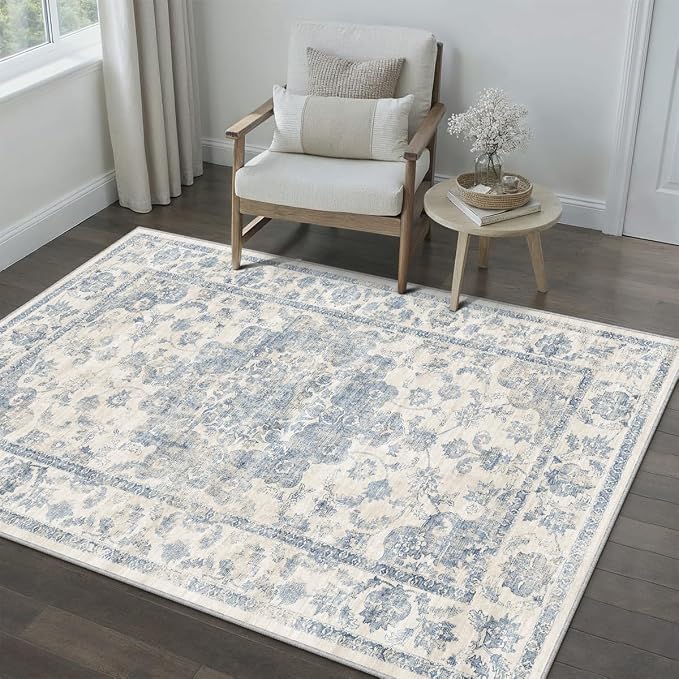 4x5 Washable Neutral Area Rug Blue Vintage Entryway Office Carpet Non-Slip Soft - Image 3