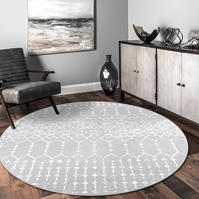 Lahome Moroccan 5Ft Round Rug Machine Washable Round Bedroom Carpet Grey - Image 8
