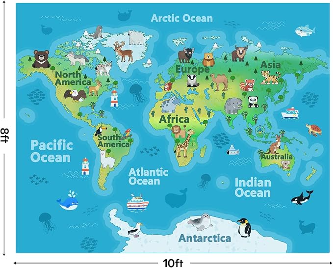 Kids Playroom Rug, 8x10ft World Map Play Mat - Image 2