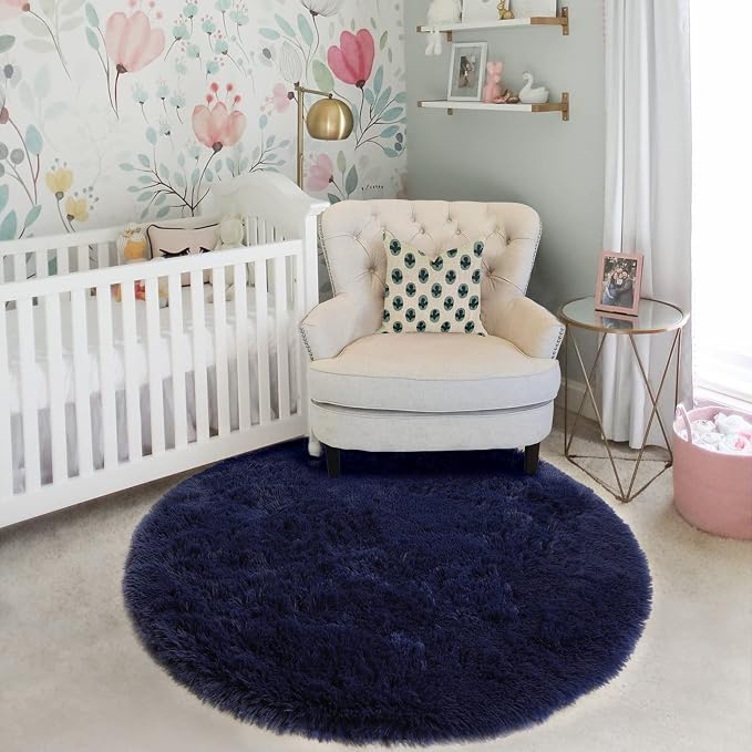 Dark Navy Round Rug 6Ft for Living Room Boys Bedroom, Fluffy Furry Fuzzy Plush - Image 7