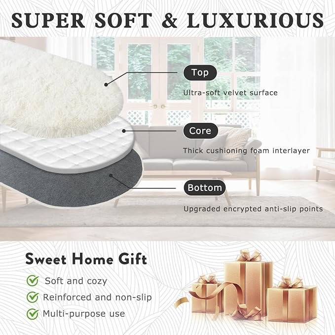 Soft Fluffy Area Rug for Bedroom, Cream White Fuzzy Shaggy Oval Throw Rugs for - Image 4