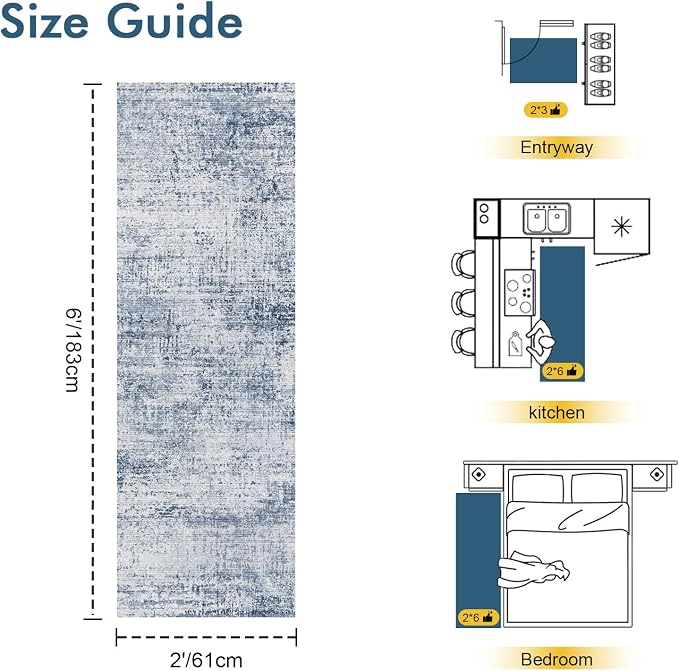2x6 Ft Washable Runner Rug, Non-Slip Low Pile Hallway Kitchen Area Rug - Image 2