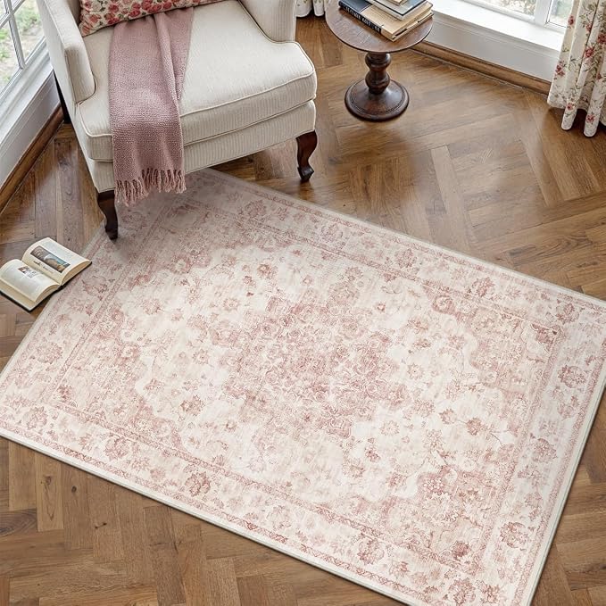 4x5 Washable Neutral Area Rug Pink Vintage Entryway Office Carpet Non-Slip Soft - Image 3