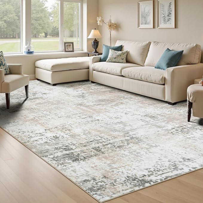 8x10 Rugs for Living Room, Neutral Large Abstract Area Rug, Non-Slip Machine - Image 8