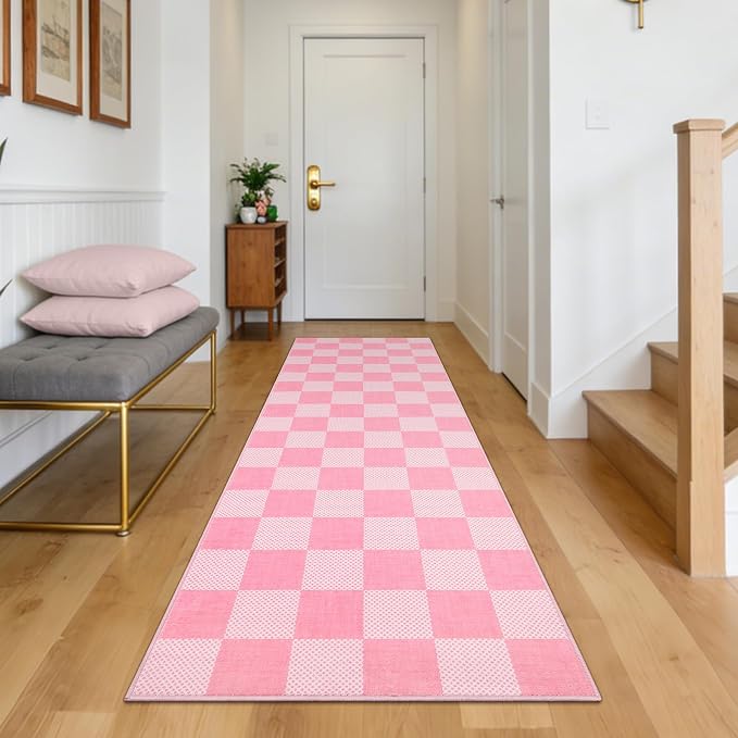 GarveeHome Checkered Blush Pink and White 2x6 Washable Kitchen Runner Rug - Image 4
