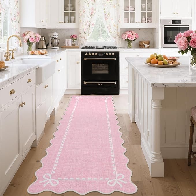 GarveeHome Scalloped Bow Rug for Living Room, Solid Pink Rug for Dorm, Washable by GarveeHome
