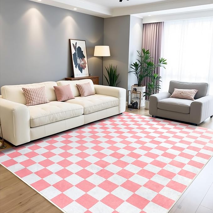 Terrug Pink and White Checkered Rug - Image 2