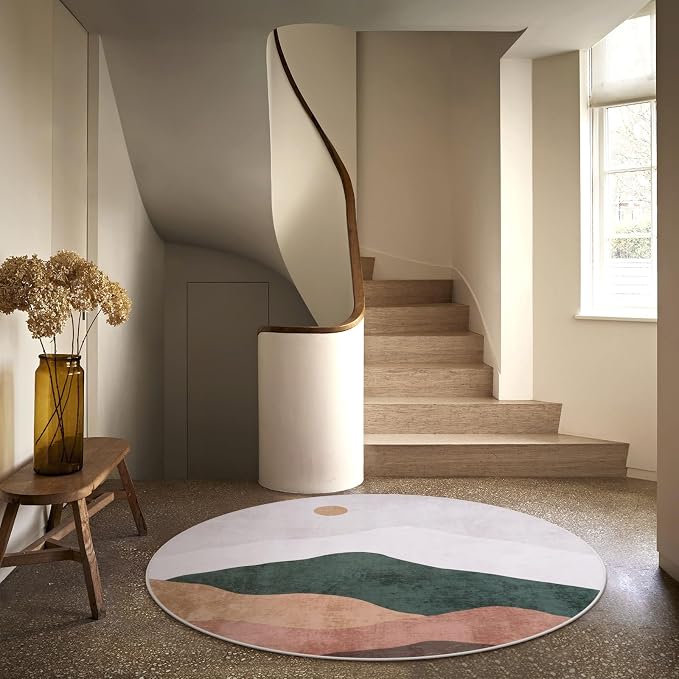 5ft Abstract Round Rug, Chic Washable Non-Slip Sun and Mountain Area Circle Rug - Image 7
