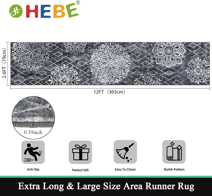HEBE Hallway Runner Rug 2'8''x12' Washable Vintage Distressed Area Rugs Non - Image 2