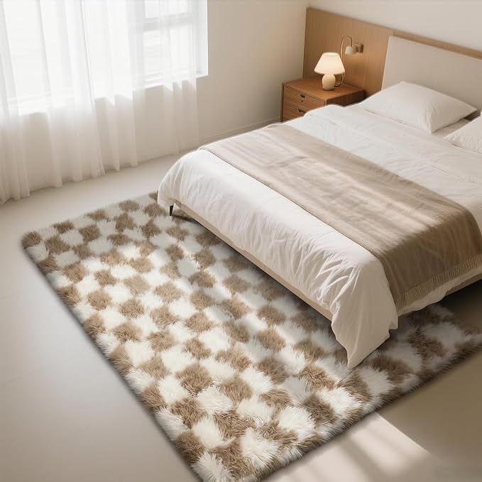 Checkered Rug for Living Room, 8x10 Beige and White Area Rugs, Classic - Image 2