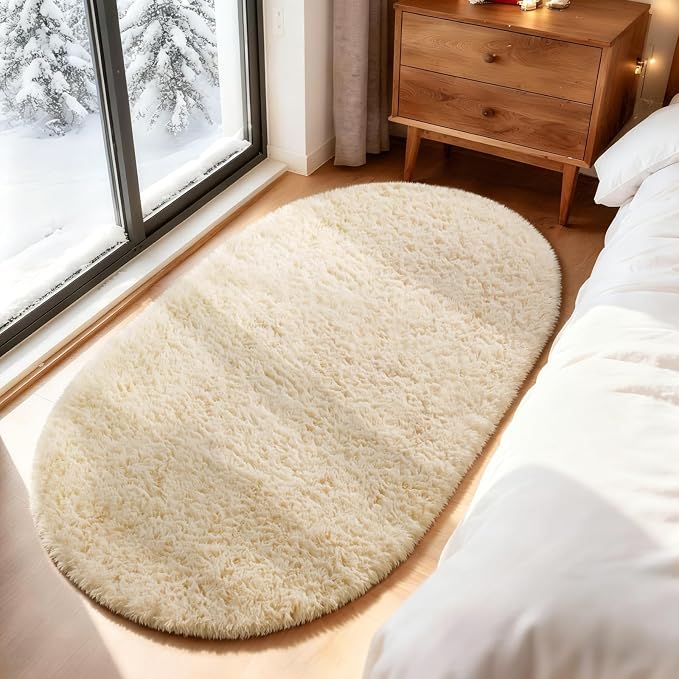 Ophanie 4x6 Oval Beige Rugs for Bedroom Living Room, Fluffy Fuzzy Furry Carpet - Image 3