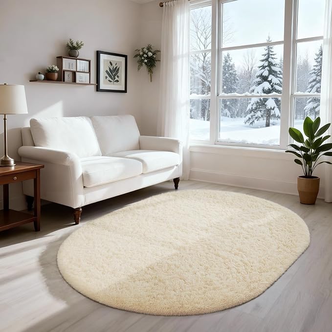 Ophanie 3x5 Oval Ivory Rugs for Bedroom Living Room Washable, Fluffy Fuzzy by Ophanie