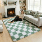 KICMOR 4x6 Rug for Bedroom Living Room, Fluffy Sage Green and White Checkered by KICMOR