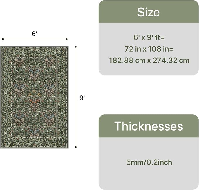 GENIMO 6x9 Washable Area Rug, Non-Slip Vintage Boho Floral Carpet, Soft - Image 2