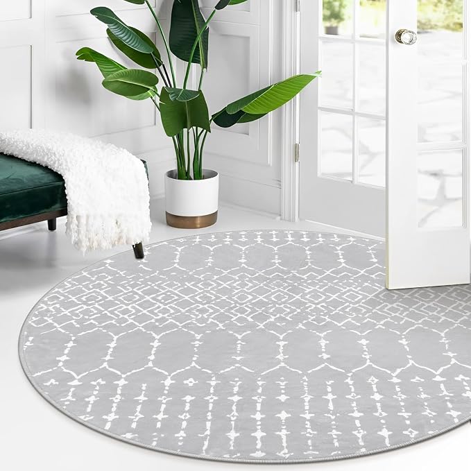 Lahome Moroccan Round Washable Rug 3Ft Small Circle Soft Non-Slip Grey Bathroom - Image 7