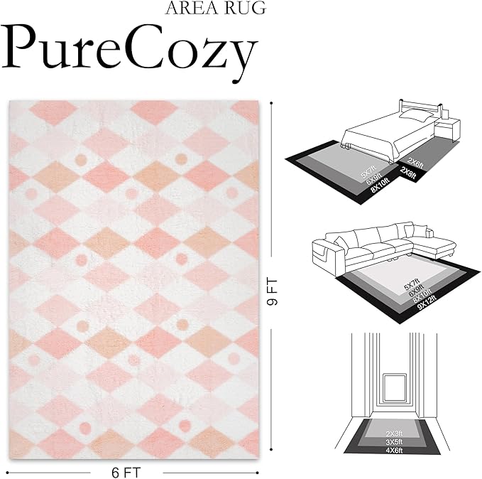 PureCozy Checkered Rug 6x9 Fluffy Shag Living Room Pink Area Rug Modern - Image 2
