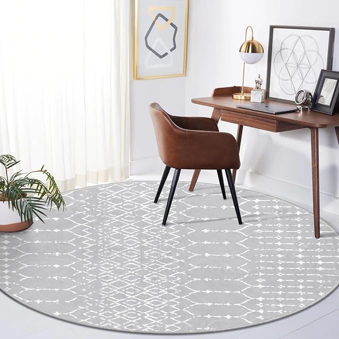 Lahome Moroccan 5Ft Round Rug Machine Washable Round Bedroom Carpet Grey - Image 9