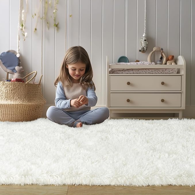Soft Fluffy Area Rug for Bedroom, Cream White Fuzzy Shaggy Oval Throw Rugs for - Image 3