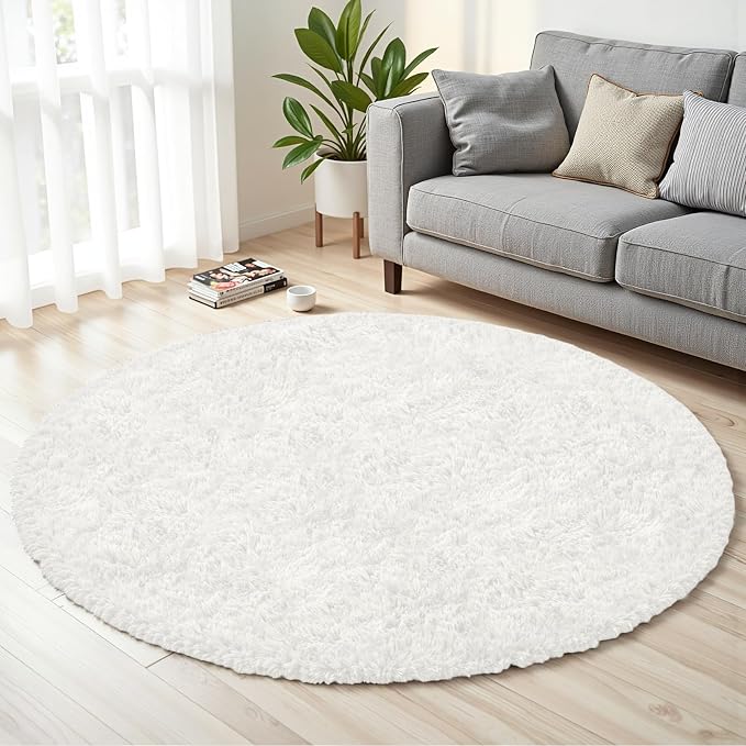 White Round Fluffy Rug 6ft, Soft Bedroom Circle Rugs Mats - Image 2