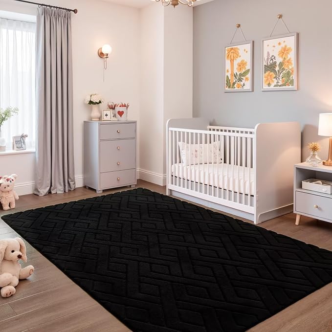 4x6 Black Washable Area Rug for Bedroom, Modern Geometric Shag Non-Slip Living - Image 5
