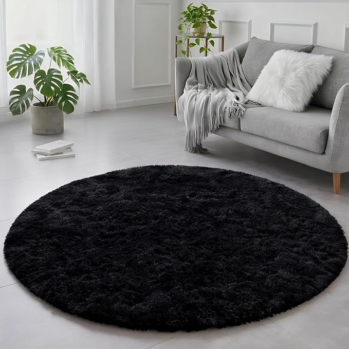 Black Round Rugs 5Ft for Bedroom Aesthetic, Fluffy Plush Circle Area Rugs for by Amdrebio
