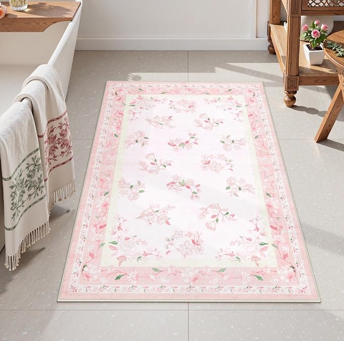 LIVEBOX Floral Pink Washable Entryway Rug, 2x3 Boho Bathroom Rugs Non Slip Soft by LIVEBOX
